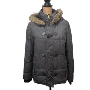Gap Toggle Button Puffer Coat Faux‎ Fur Hood Heavyweight Winter Gray Size Medium